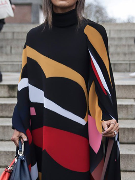 flowersverse Batwing Sleeves Loose Contrast Color Printed Split-Joint High Neck Maxi Dresses