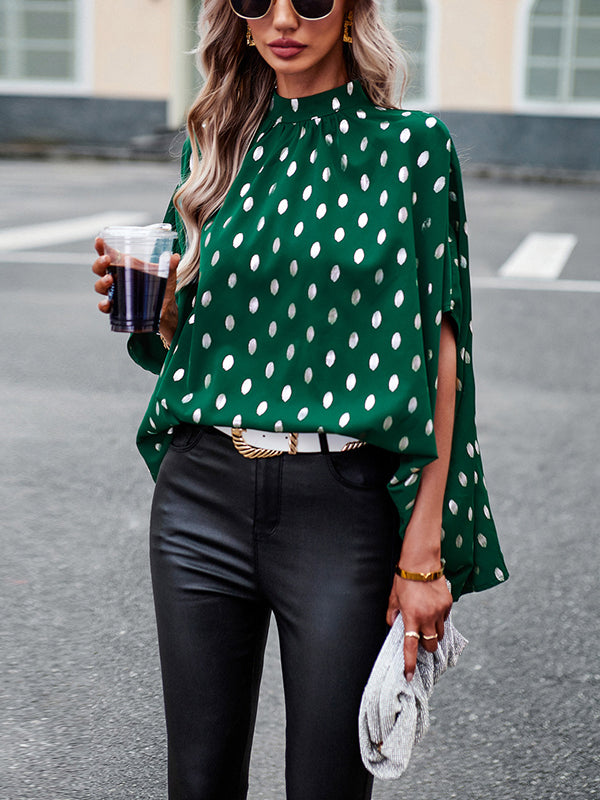 flowersverse Bandage Polka Dot Loose Round-Neck Blouses&Shirts Tops