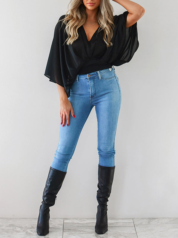 flowersverse Solid Color Loose Three-quarter Sleeves Deep V-Neck Blouses&shirts Tops