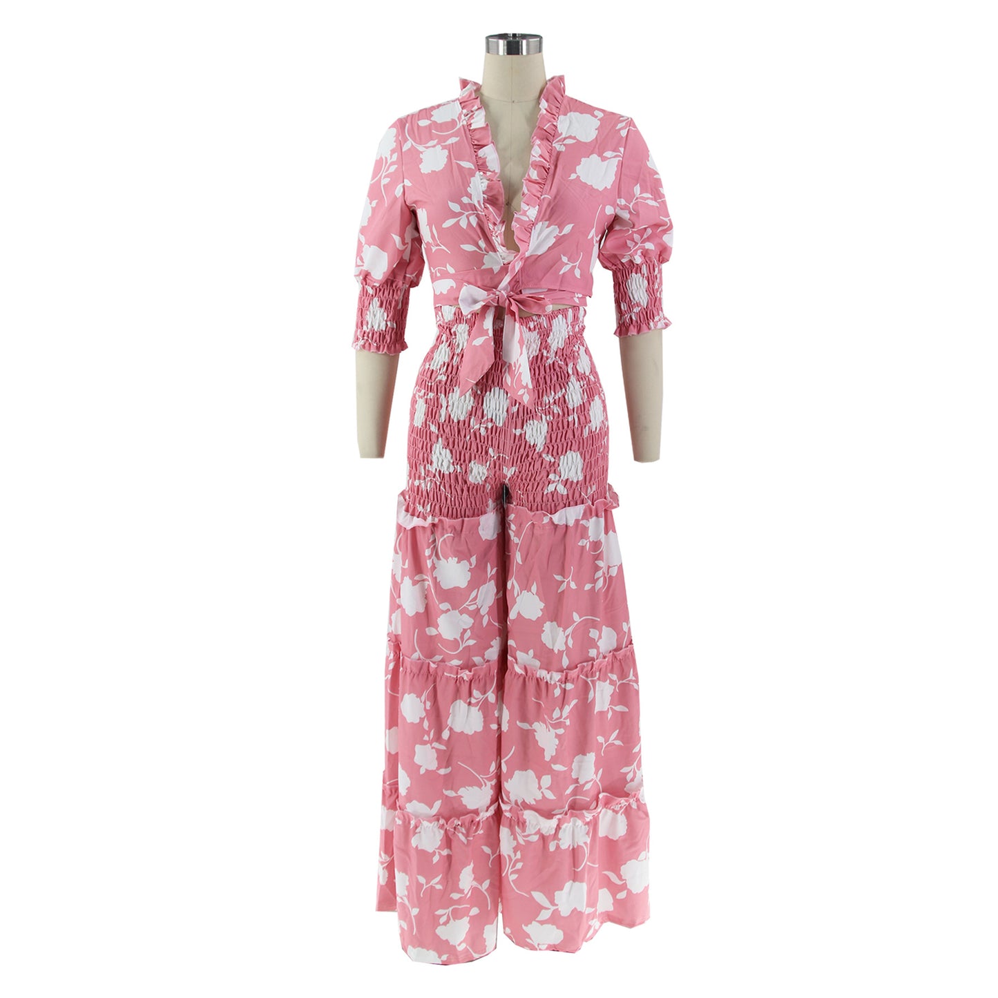 flowersverse Women's Lace-Up Printed Two-Piece Suit Wide Leg Pants Plus Size