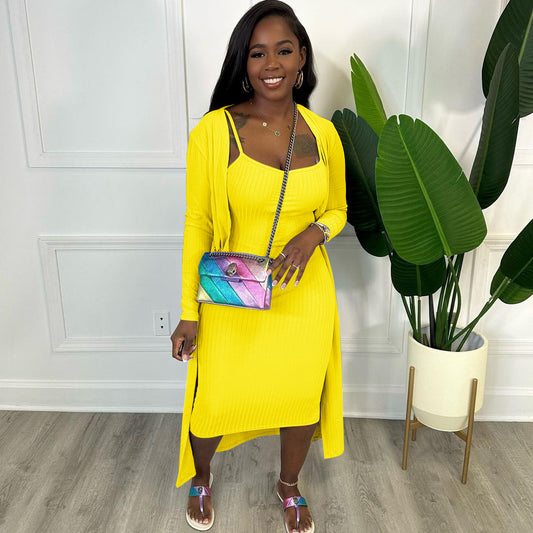 flowersverse Women Ribbed Solid Slip Dress and Cape Two-Piece Set