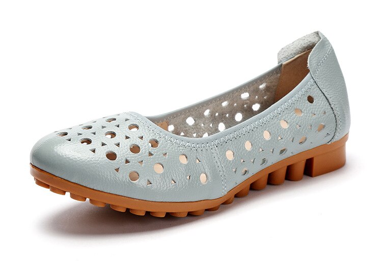 flowersverse Spring Genuine Leather Flat Summer Shoes Women Casual Hollow Breathable Soft Bottom Ladies Flats Plus Size 35-43