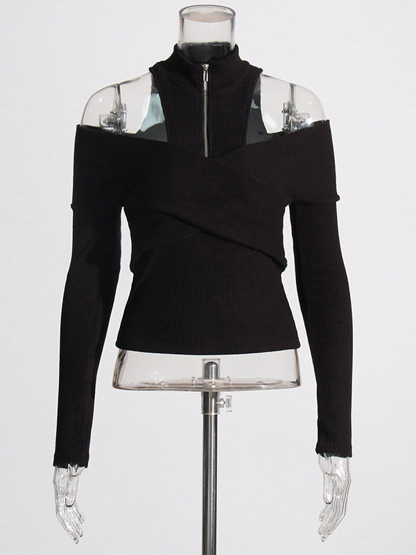 flowersverse Hollow Split-Joint Zipper Long Sleeves Skinny High-Neck Sweater Tops Pullovers