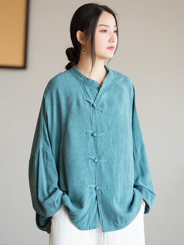 flowersverse Artistic Retro Loose Long Sleeves Buttoned Solid Color Stand Collar Blouses&Shirts Tops