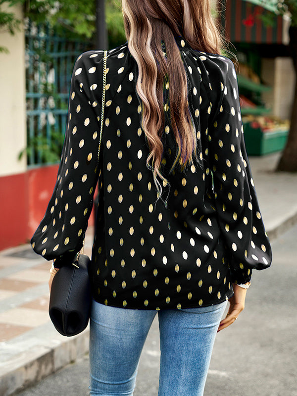 flowersverse Bronzing Hollow Long Sleeves Loose Mock Neck Blouses&Shirts Tops