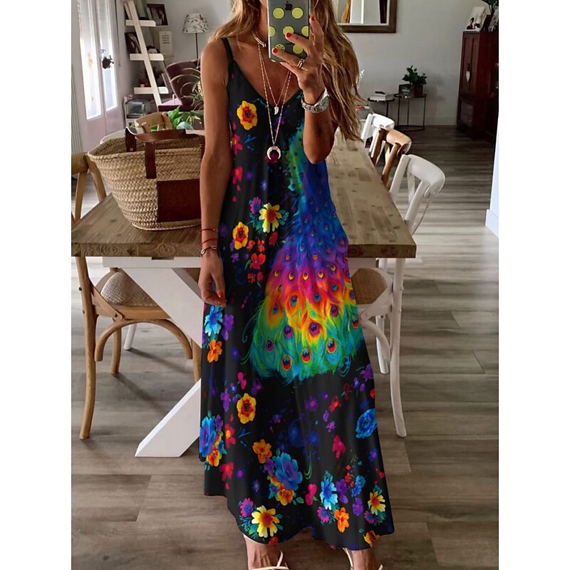 flowersverse Women's Long Dress Maxi Dress Casual Dress Swing Dress Graphic Casual Classic Vacation Beach Pocket Print Sleeveless Spaghetti Strap Dress Regular Fit Light Yellow Yellow Blue Spring Summer XS S M L