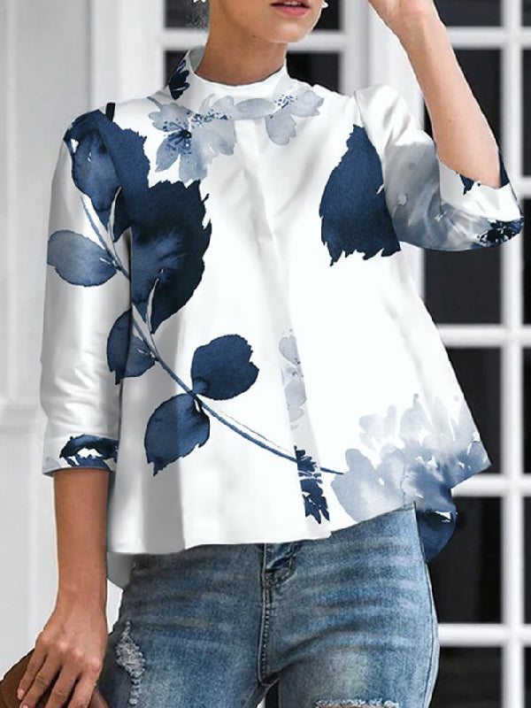 flowersverse Floral Printed Three-Quarter Sleeves Stand Collar Blouses&Shirts Tops