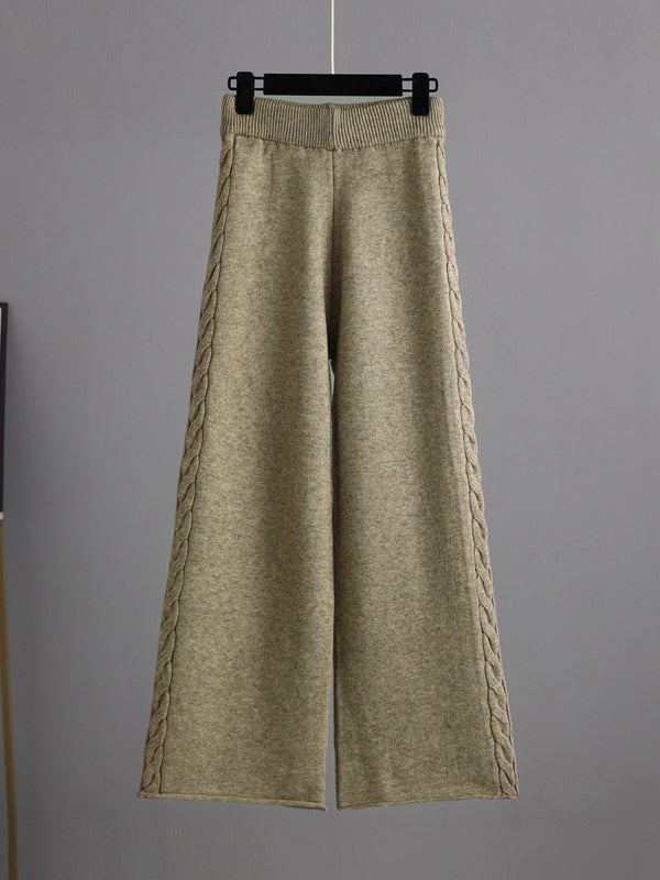 flowersverse Urban Loose Solid Color V-Neck Sweater Tops& Wide Leg Pants Suits