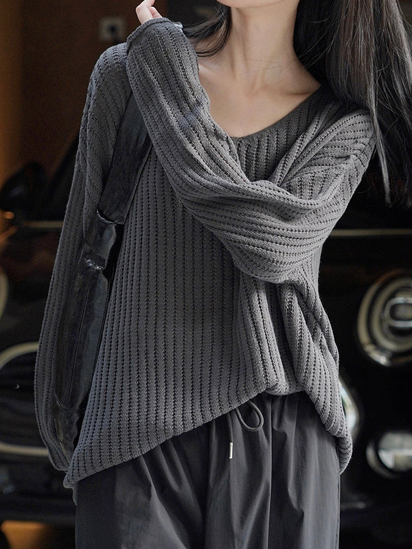 flowersverse Solid Color Long Sleeves Loose V-Neck Sweater Tops Pullovers