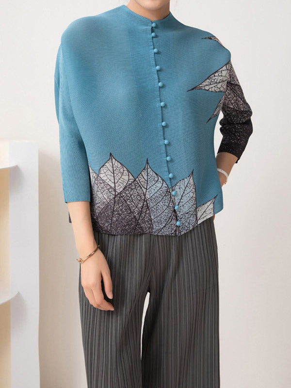 flowersverse Buttoned Leaves Print Long Sleeves Loose Round-Neck Outerwear