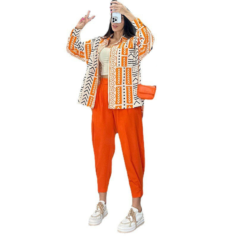 flowersverse Casual suit Loose Plus Size fashion women's long-sleeved shirt pants linen two-piece suit