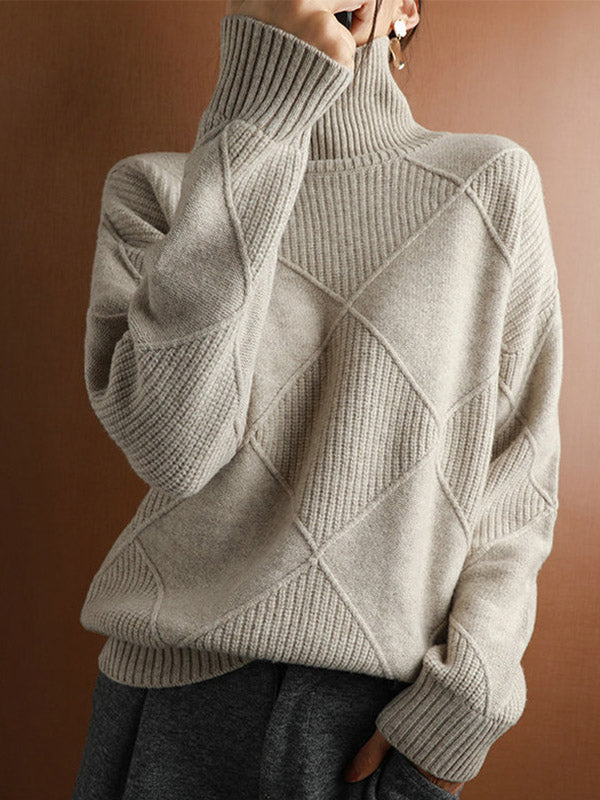 flowersverse Casual Loose Solid Color Striped High-Neck Long Sleeves Sweater Tops