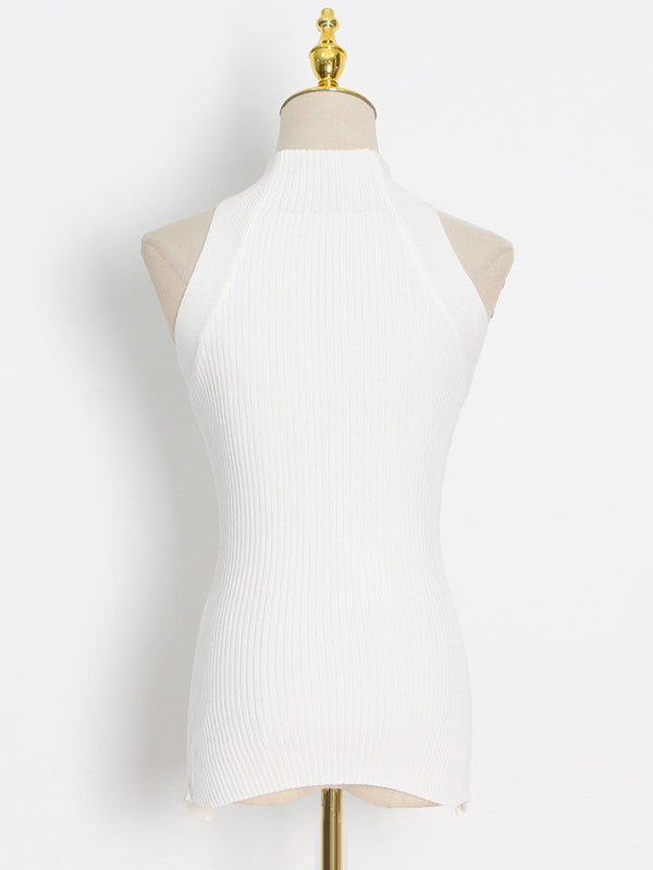 flowersverse Stylish Irregularity Hollow Split-Joint Solid Color Knitting Vest Top