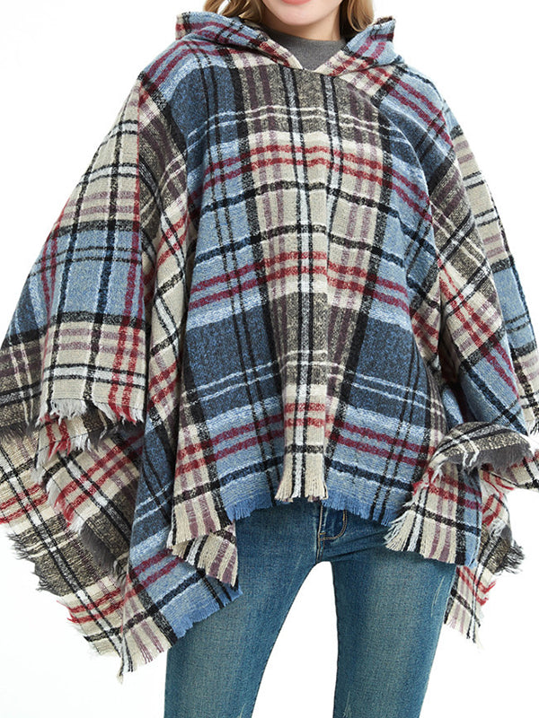 flowersverse Fringed Hooded Keep Warm Plaid Shawl&Cloak Cape