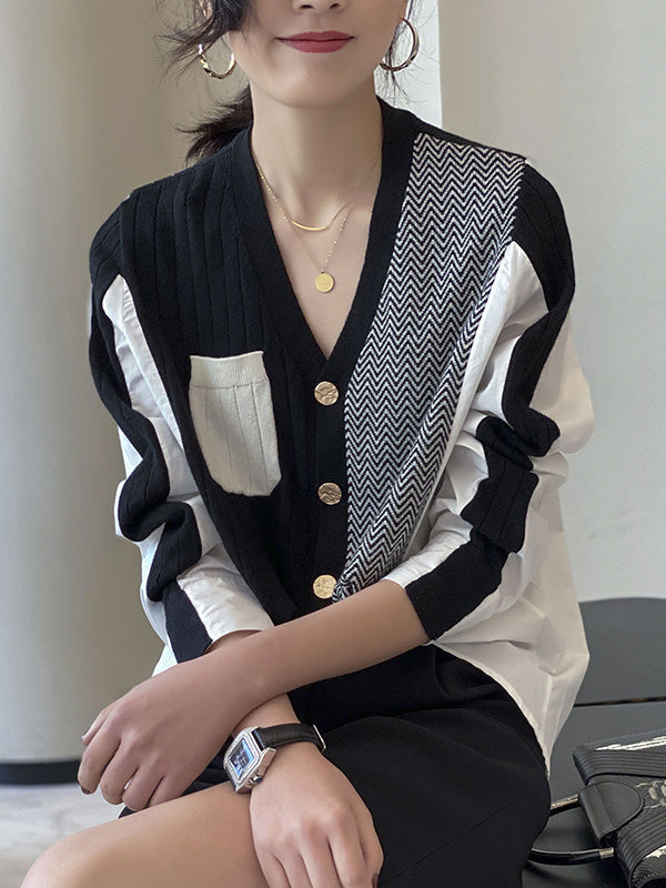 flowersverse Original Loose Irregular Split-Joint Buttoned V-Neck Long Sleeves Sweater Blouse