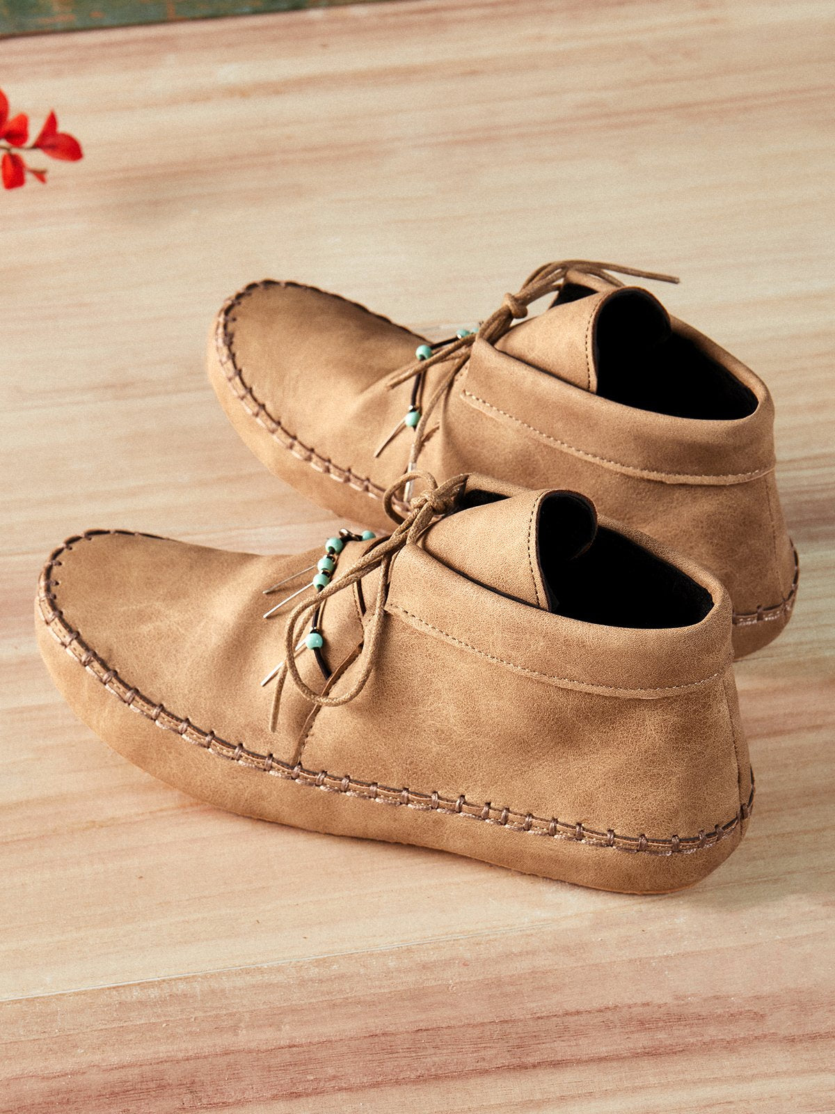 flowersverse Camel All Season Cowhide Leather Flat Heel Daily Ankle Boots