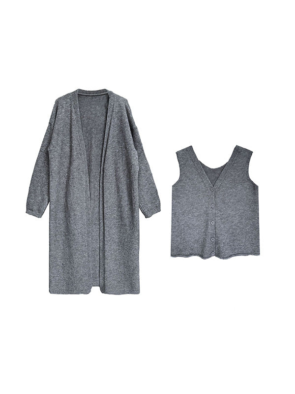 flowersverse Buttoned Solid Color Long Sleeves Loose V-Neck Knit Vest + Cardigan Two Pieces Set