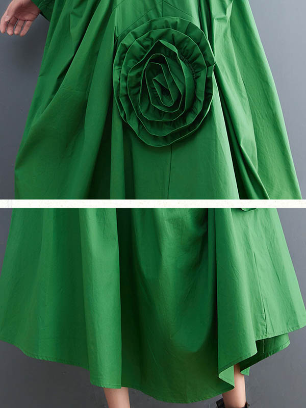 flowersverse Urban Floral Applique Pleated Long Sleeves Shirt Dress Midi Dress