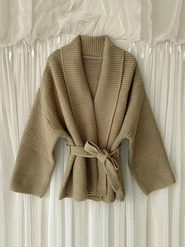 flowersverse Solid Color Tied Waist Long Sleeves Loose V-Neck Cardigan Tops