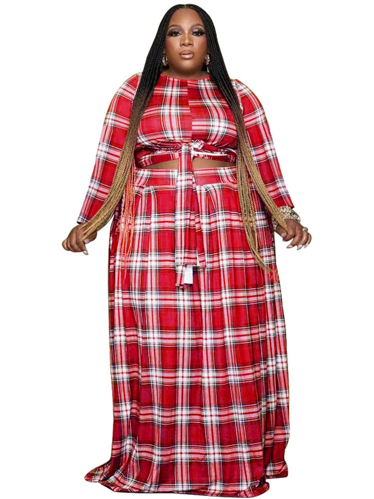 flowersverse Two Piece Plaid Crop Top Maxi Skirt Plus Size Set