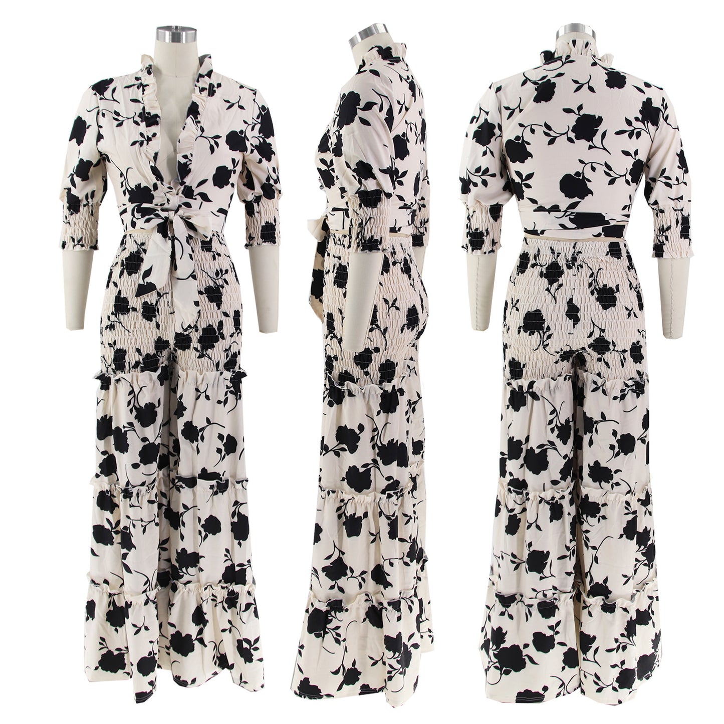 flowersverse Women's Lace-Up Printed Two-Piece Suit Wide Leg Pants Plus Size