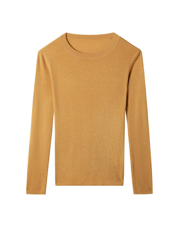 flowersverse Solid Color Long Sleeves Skinny Round-Neck Sweater Tops Pullovers Knitwear