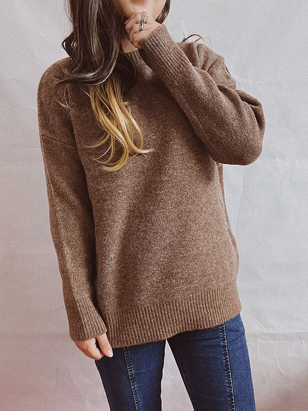 flowersverse Casual Loose Long Sleeves Solid Color Round-Neck Sweater Tops