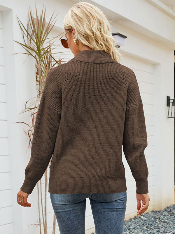 flowersverse Stylish Loose Solid Color& Contrast Color Striped Lapel Collar Sweater Tops