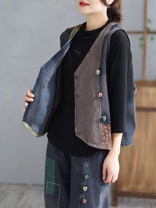 flowersverse Loose Split-Joint V-Neck Vest Top + Jean Harem Pants Bottoms Two Pieces Set
