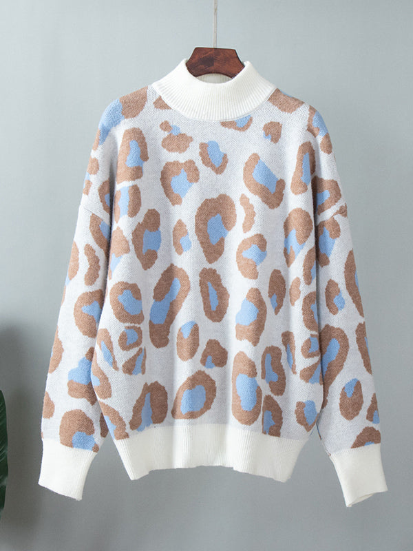 flowersverse Leopard Long Sleeves Loose Mock Neck Sweater Tops Pullovers