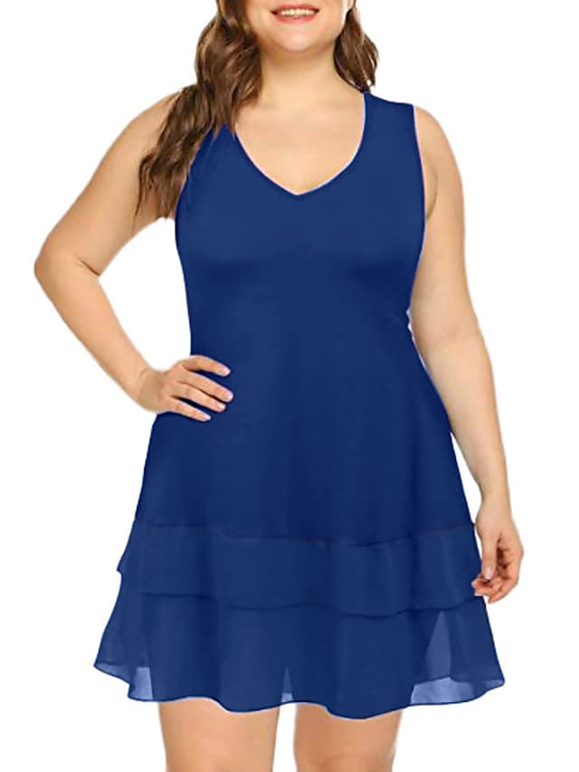 flowersverse Women's Plus Size Casual Dress Solid Color Mini Dress Sleeveless Mesh Patchwork V Neck Basic Daily Red Blue Spring Summer XL XXL 3XL 4XL 5XL