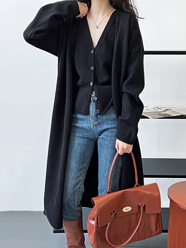 flowersverse Buttoned Solid Color Long Sleeves Loose V-Neck Knit Vest + Cardigan Two Pieces Set