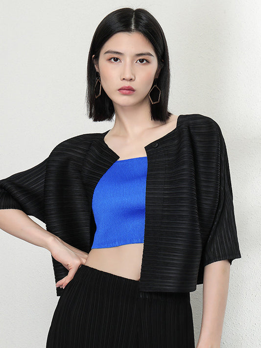 flowersverse Casual Loose Half Sleeves Pleated Solid Color Outerwear