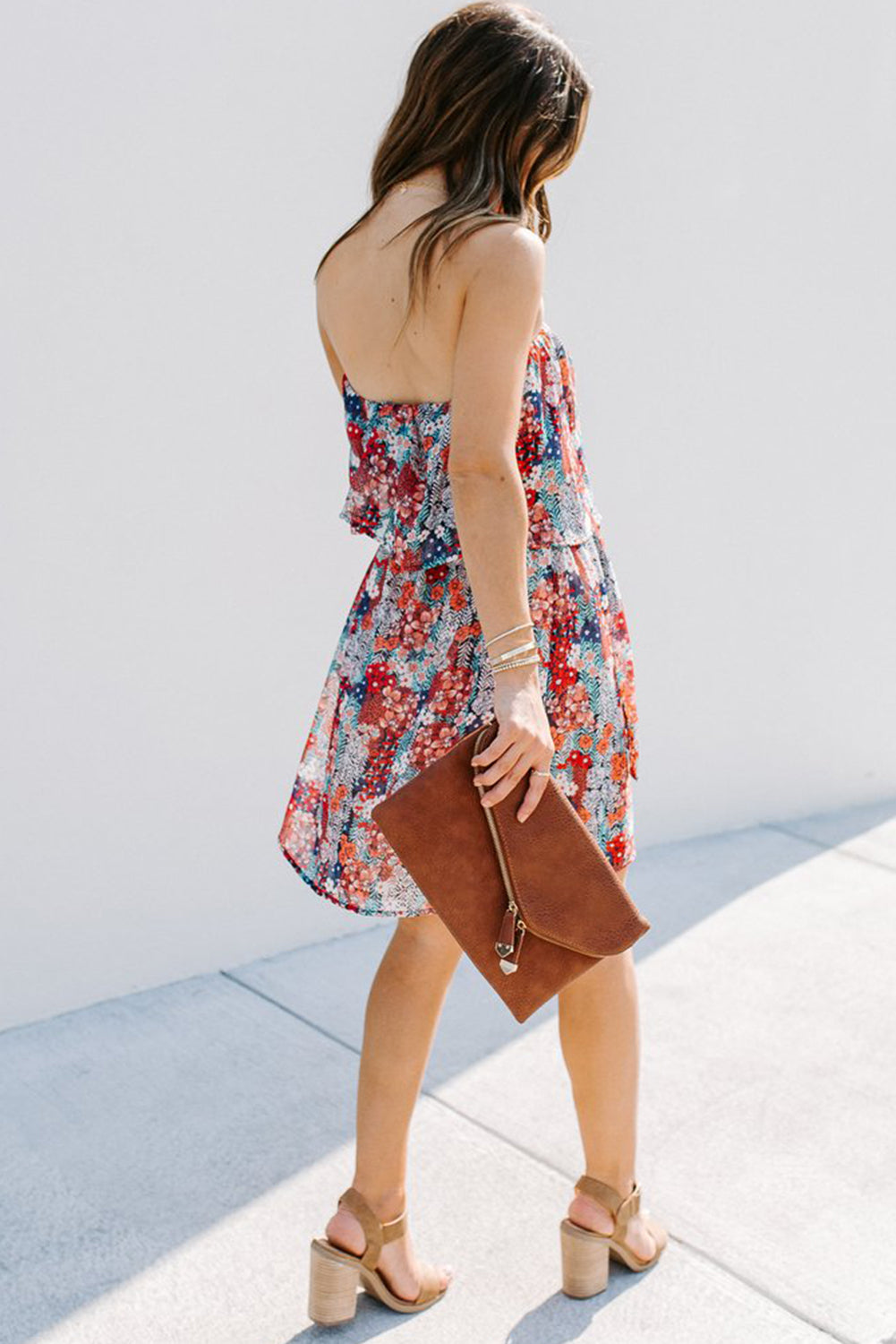 flowersverse Red Floral Print Tiered Ruffled Bandeau Mini Dress