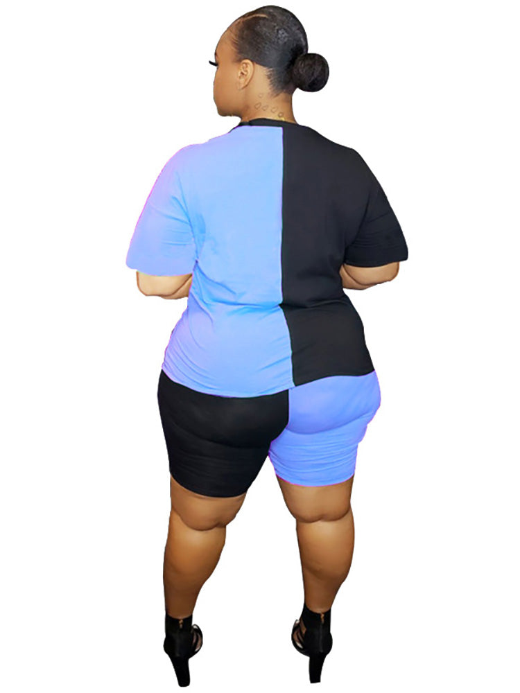 flowersverse Plus Size 2 Piece Color Block T-Shirt+Shorts Sets Tracksuits