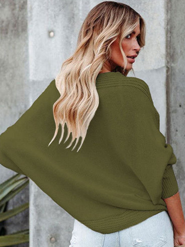 flowersverse Loose Batwing Sleeves Twist Solid Color V-Neck Sweater Tops
