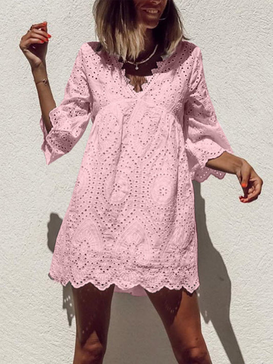 flowersverse Plus Size Casual V Neck 3/4 Sleeve Knitting Dress