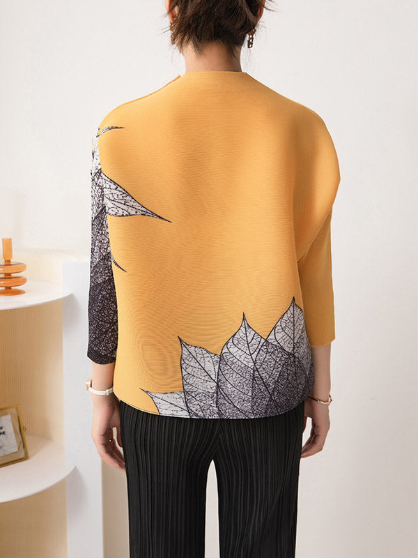 flowersverse Buttoned Leaves Print Long Sleeves Loose Round-Neck Outerwear