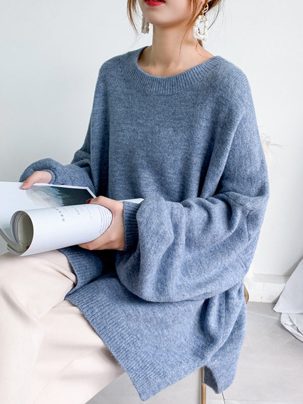 flowersverse Stretch Mohair-Blend Balloon Sleeves Loose Solid Round-Neck Sweater Tops