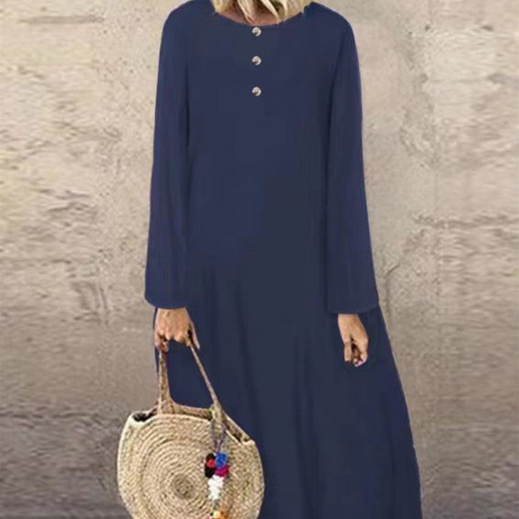 flowersverse Solid Colour Button Down Cotton Linen Long Sleeve Casual Dress