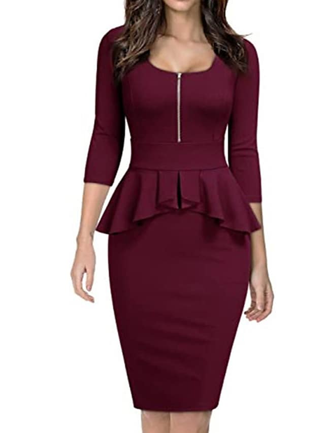 flowersverse Women's Work Dress Sheath Dress Semi Formal Dress Elegant Midi Dress Ruffle Zipper Square Neck 3/4 Length Sleeve Plain Regular Fit Black Wine Navy Blue Spring Summer S M L XL XXL