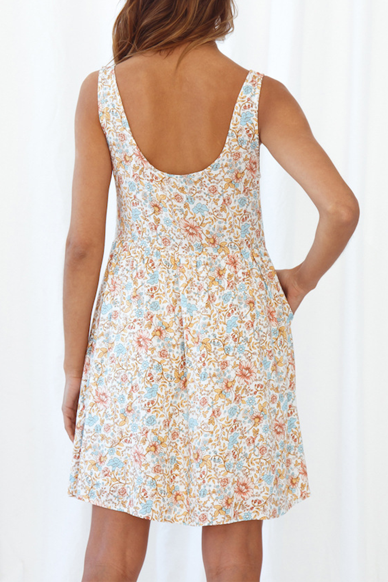 flowersverse Casual Floral Buckle V Neck A Line Dresses
