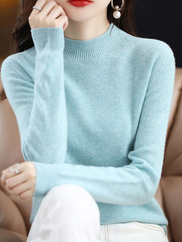 flowersverse Office Long Sleeves Solid Color High-Neck Sweater Tops Pullovers