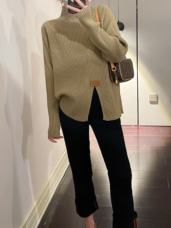 flowersverse Split-Front Long Sleeves Loose Mock Neck Sweater Tops Pullovers