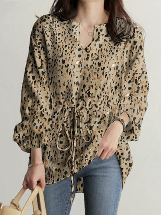 flowersverse Drawstring Elasticity Leopard Tied Long Sleeves Loose V-neck Blouses&shirts Tops