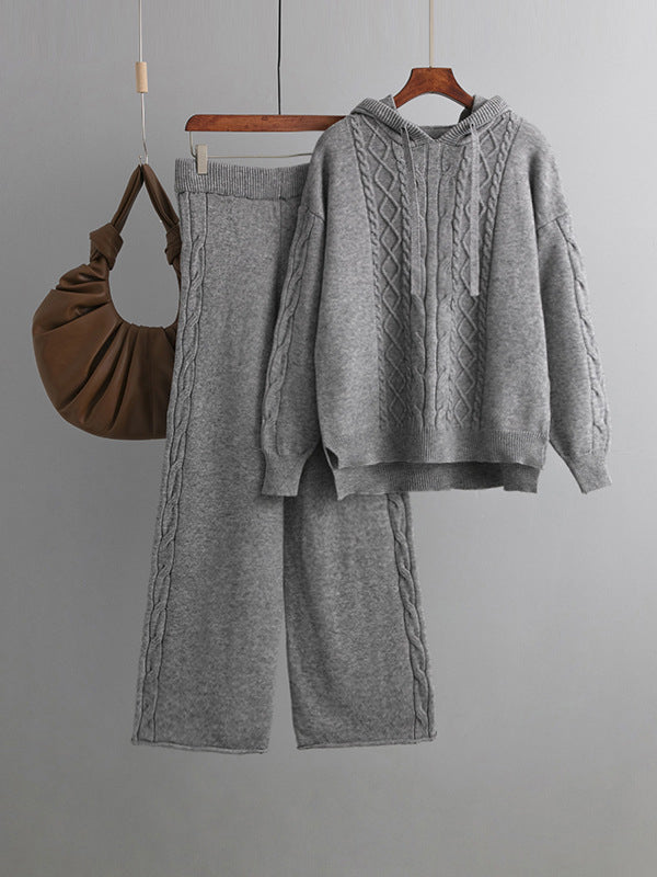 flowersverse Urban Loose Solid Color Hooded High-Low Sweater Tops & Wide Leg Pants Two Pieces Set