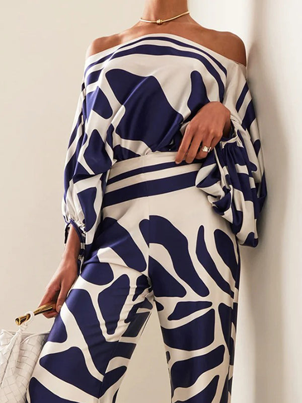 flowersverse Printed Off-The-Shoulder Top + Wide Leg Pants Two Pieces Set