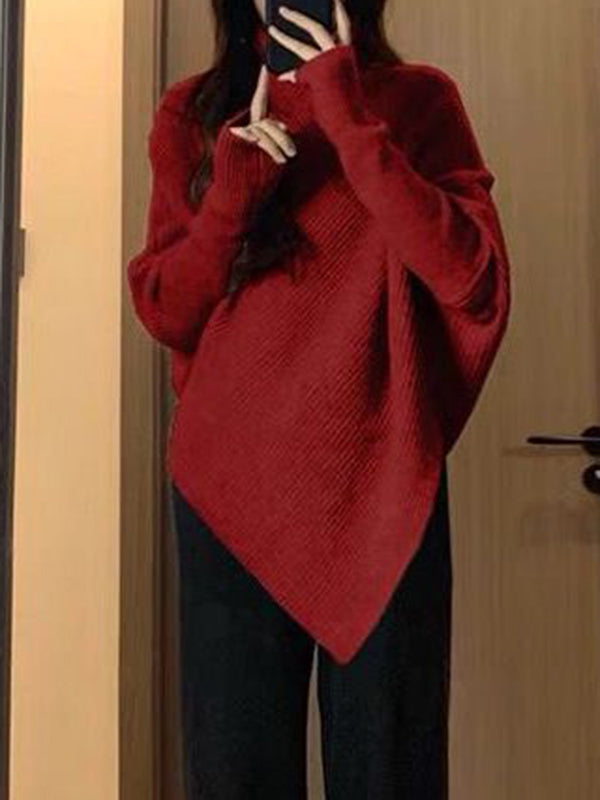 flowersverse Asymmetric Solid Color Velvet Long Sleeves Loose High Neck Sweater Tops Pullovers Knitwear