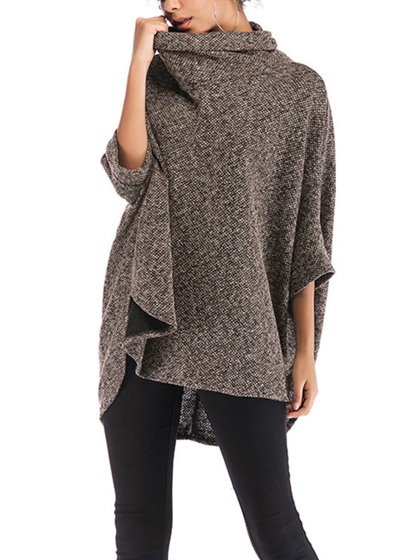 flowersverse Solid Color Batwing Sleeves High-Low High Neck Sweater Tops Pullovers Knitwear