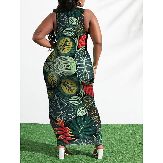 flowersverse Women's Plus Size Casual Dress Bodycon Sheath Dress Leaf Long Dress Maxi Dress Sleeveless Print U Neck Sexy Outdoor Green Spring Summer XL XXL 3XL 4XL 5XL